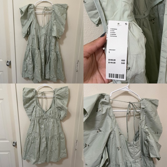 •EN SAISON• Urban Outfitters Anya Embroidered Floral Mini Dress Pockets Green - Picture 5 of 6
